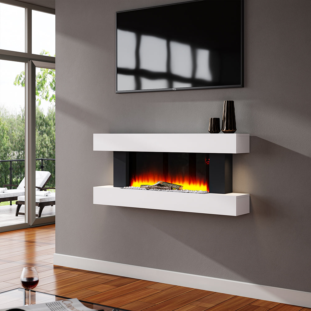 White Mantel Wall Mounted Floating Electric Fireplace with Wifi-Enabled Function