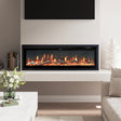 Modern recessed electric fireplace with glowing orange flames, built into a white media wall beneath a mounted TV, complemented by a sleek marble coffee table and neutral living room decor.