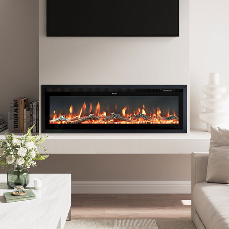 Modern recessed electric fireplace with glowing orange flames, built into a white media wall beneath a mounted TV, complemented by a sleek marble coffee table and neutral living room decor.