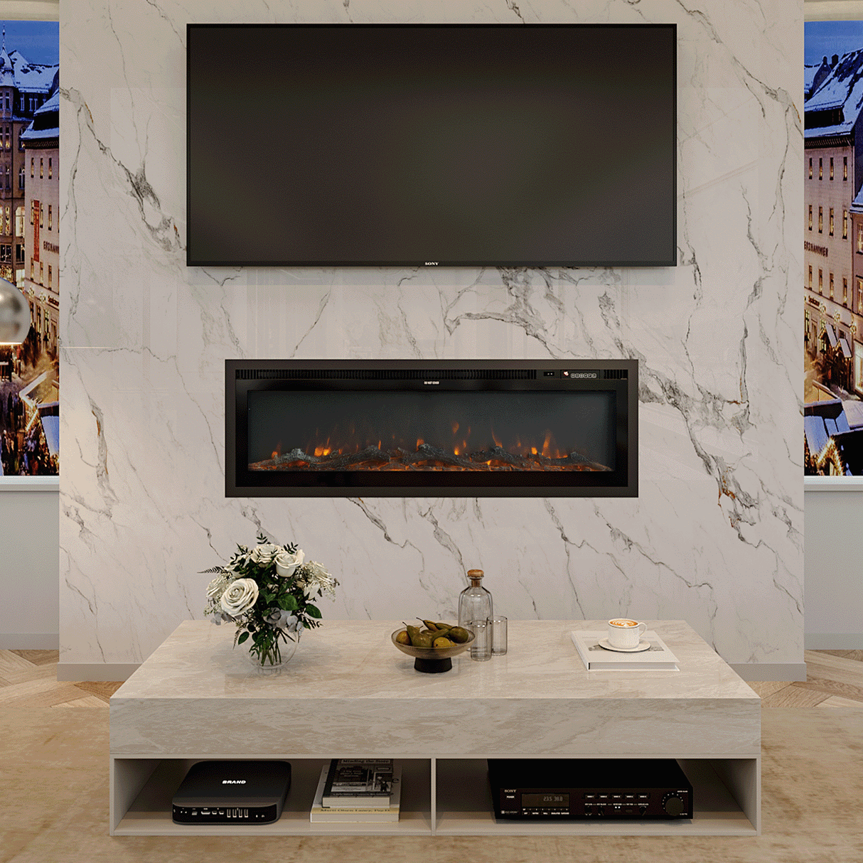 Recessed 40 inch electric fireplace with realistic orange flames, elegantly built into a marble media wall beneath a mounted TV, complemented by a modern marble coffee table and cozy living room decor.