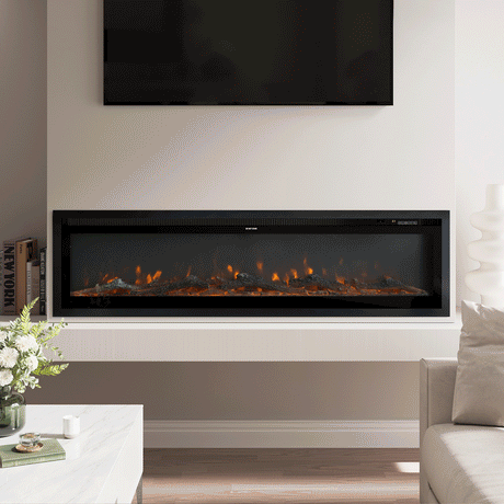 Modern recessed electric fireplace with glowing orange flames, built into a white media wall beneath a mounted TV, complemented by a sleek marble coffee table and neutral living room decor.