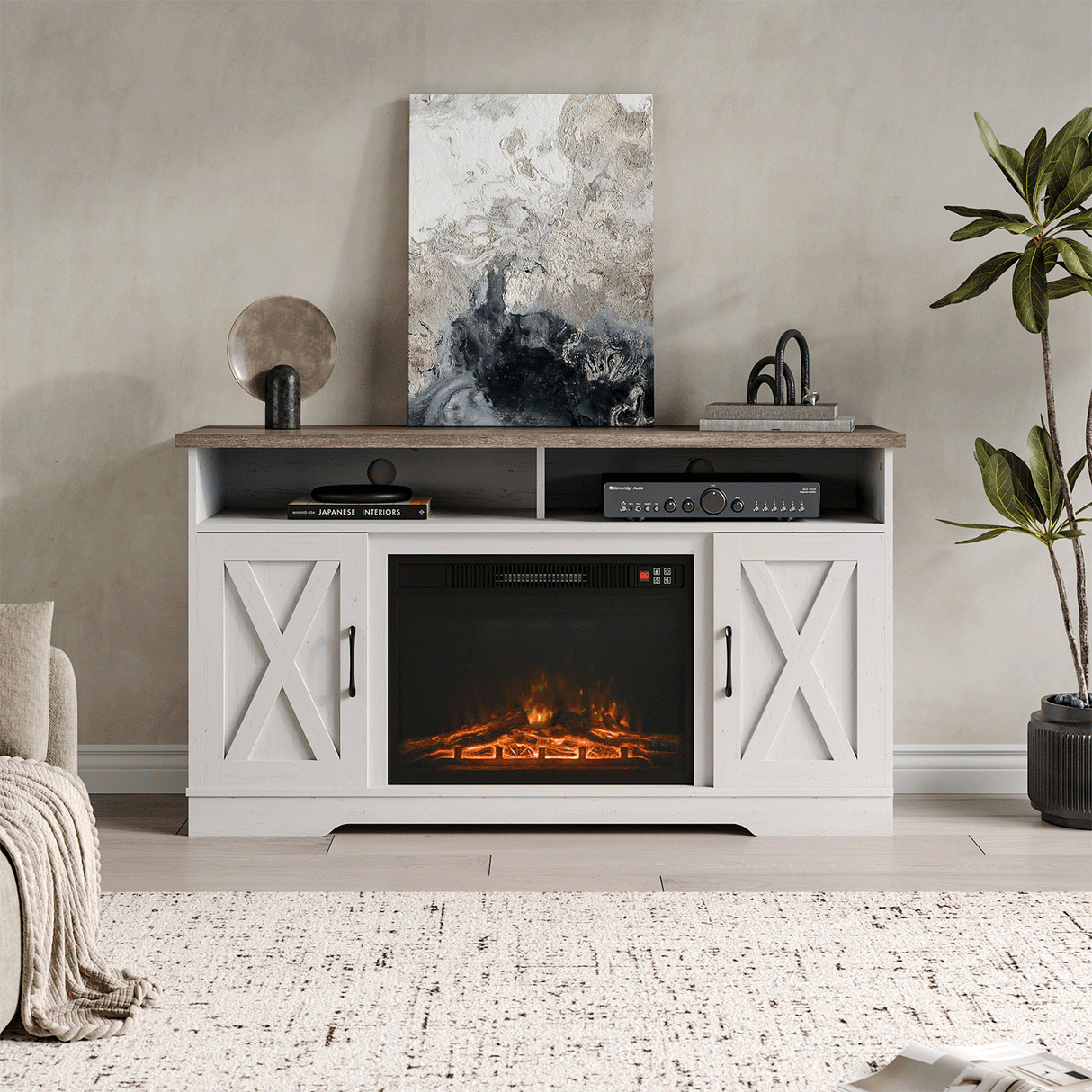 Large Wooden TV Stand with Recessed Electric Fireplace