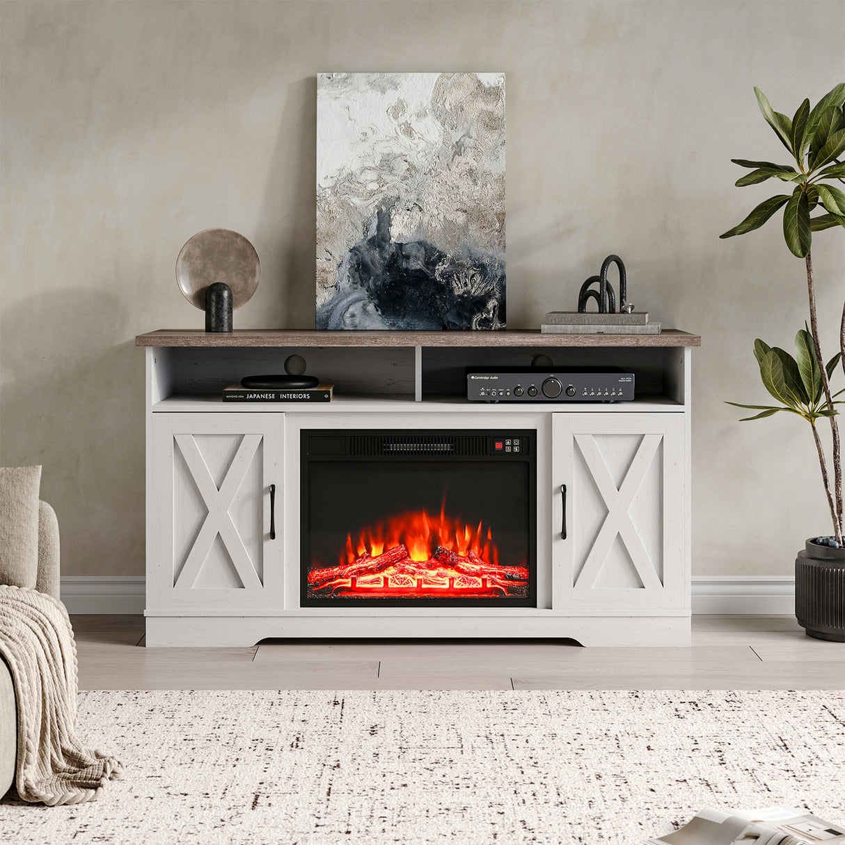 Large Wooden TV Stand with Recessed Electric Fireplace