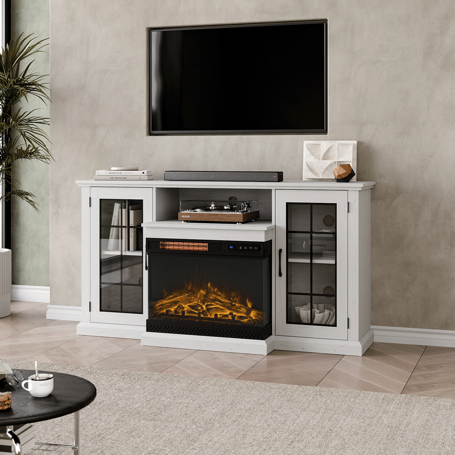 3 Sided Electric Fireplace TV Stand With Glass Door Storage