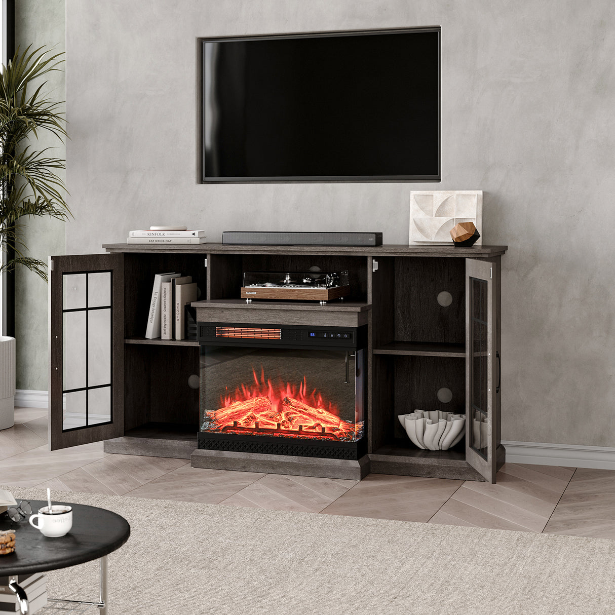 Panoramic Glass Fireplace TV Stand with Storage Cabinets, Customizable Flames & Remote Control