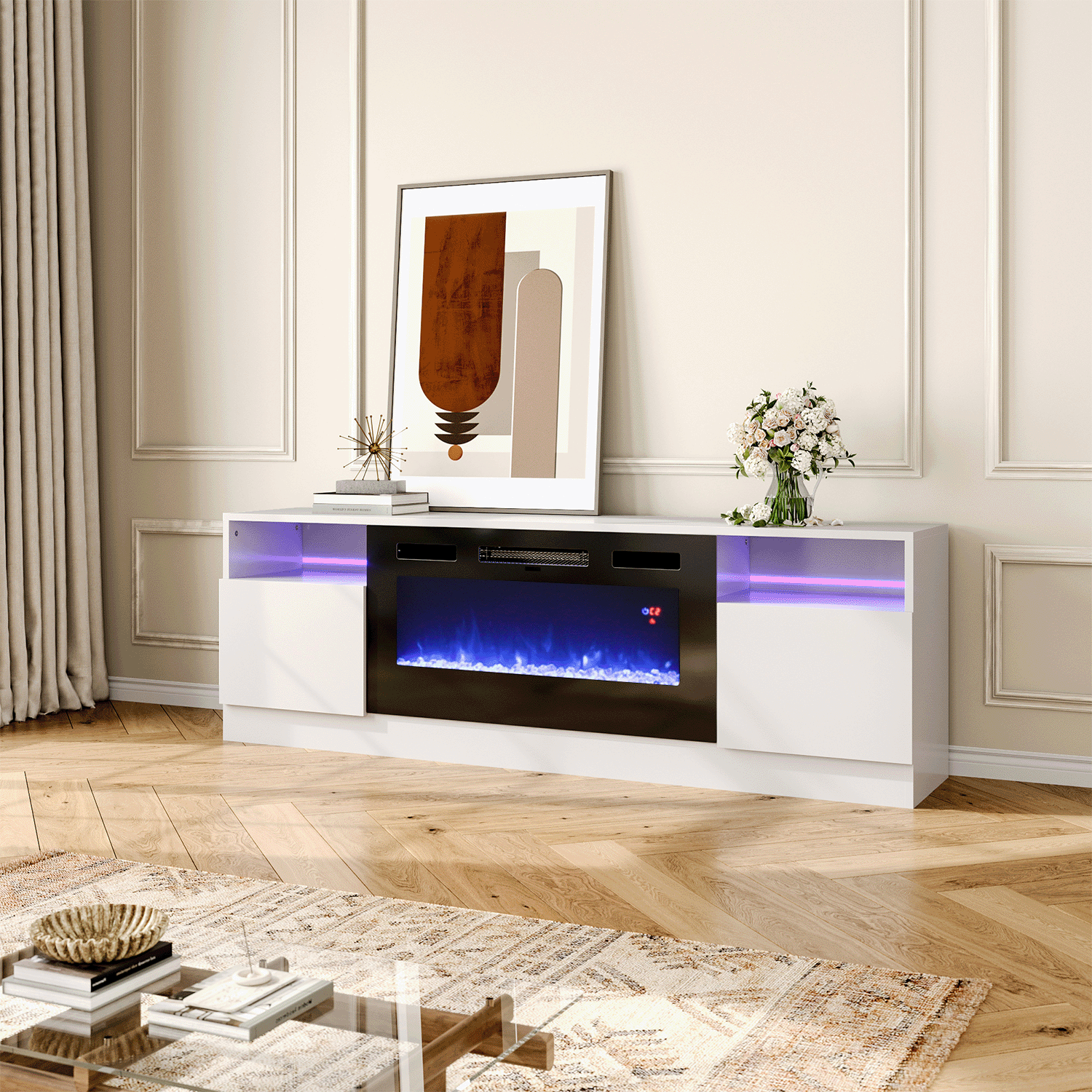 Fireplace tv console top white
