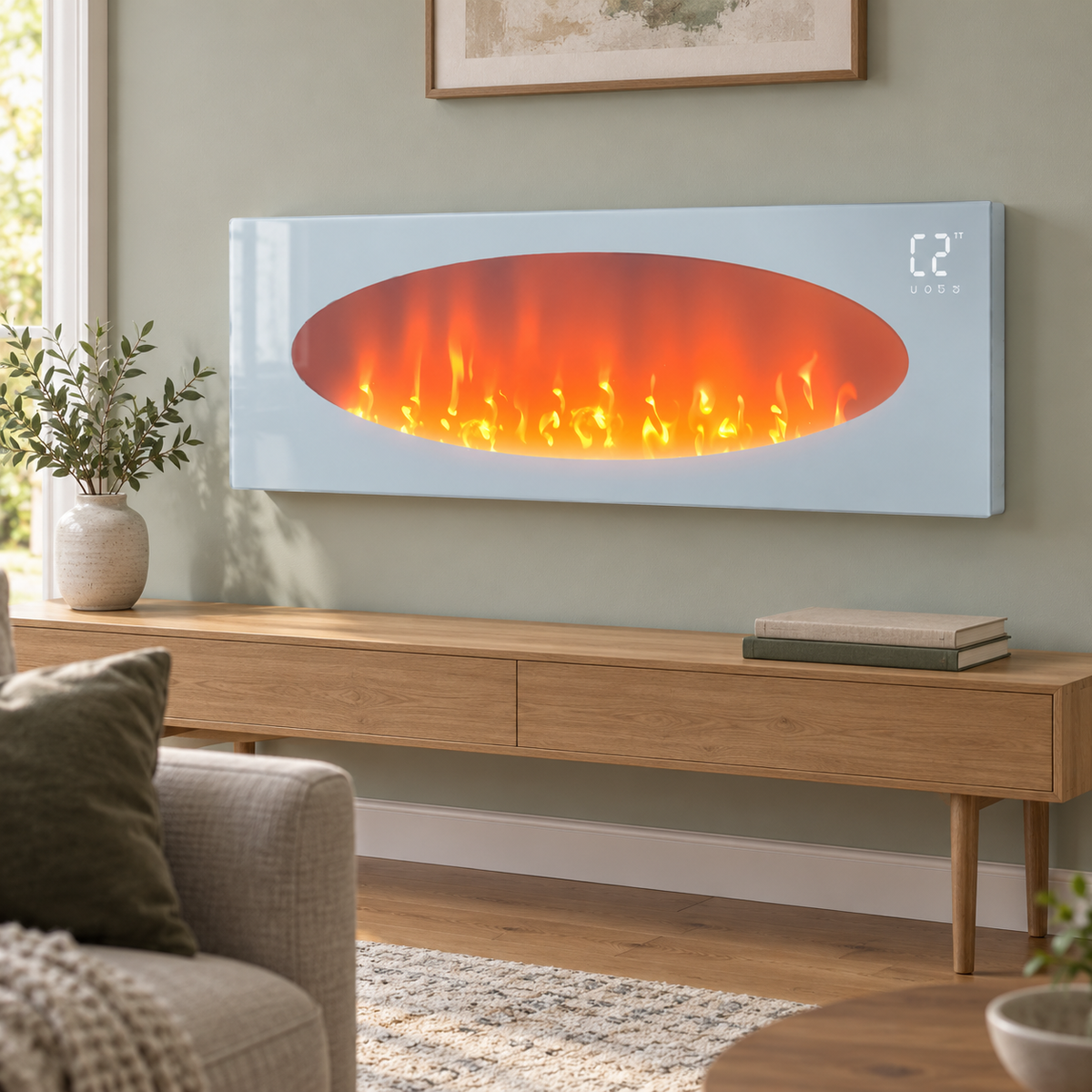 Smart WiFi-Connected White Electric Fireplace with Remote