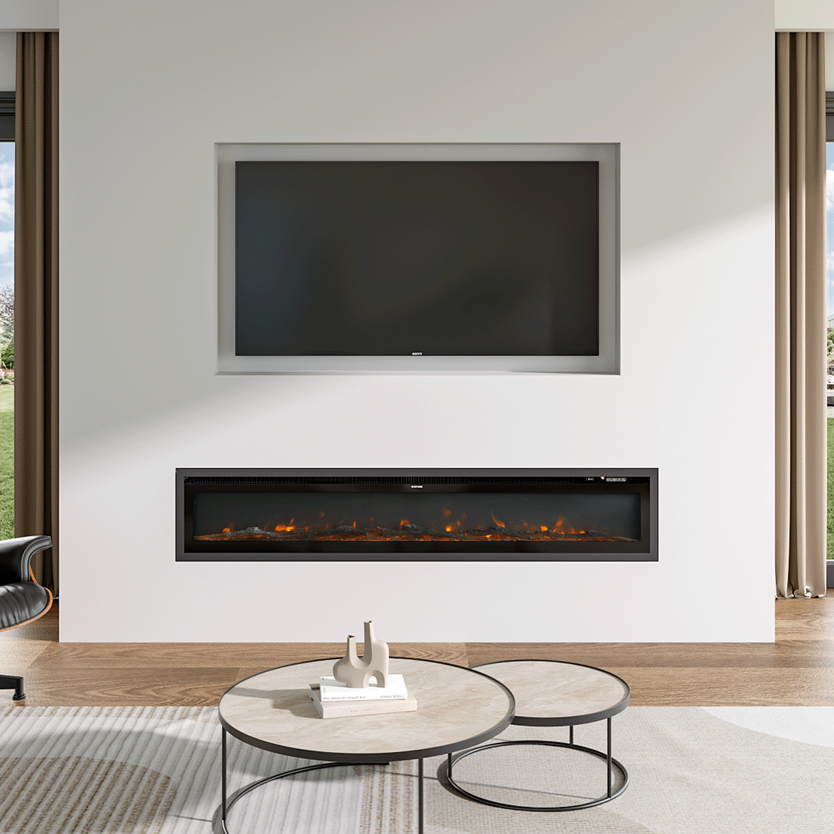 Recessed electric fireplace with glowing orange flames, seamlessly integrated into a minimalist white wall below a built-in TV, paired with a modern round coffee table and natural light from large windows.