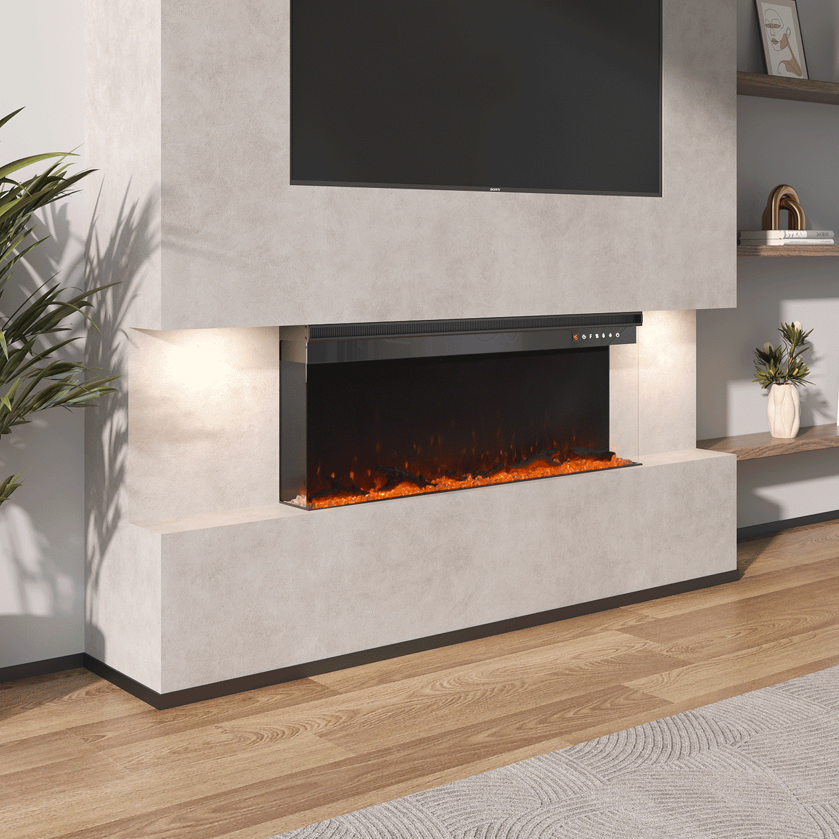 Panoramic 2/3-Sided Electric Fireplace Insert with Crystal Stones