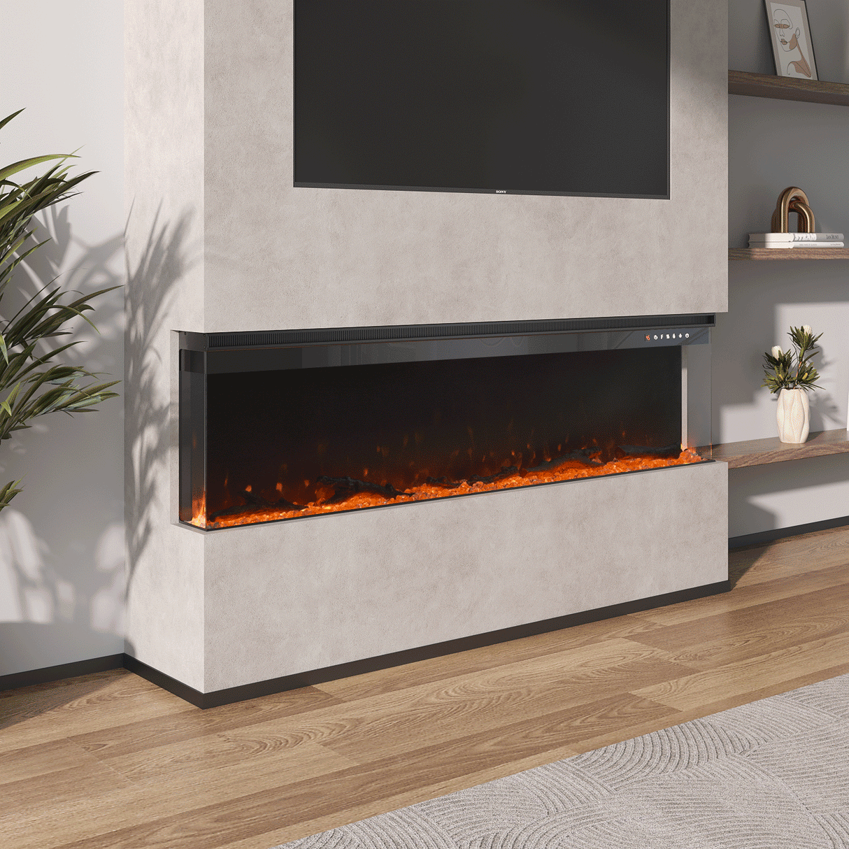 Modern 3-sided electric fireplace with vibrant orange flames, featuring crystal stones and faux wood logs, built into a sleek media wall beneath a mounted TV, complemented by natural wood flooring and minimalist shelving.