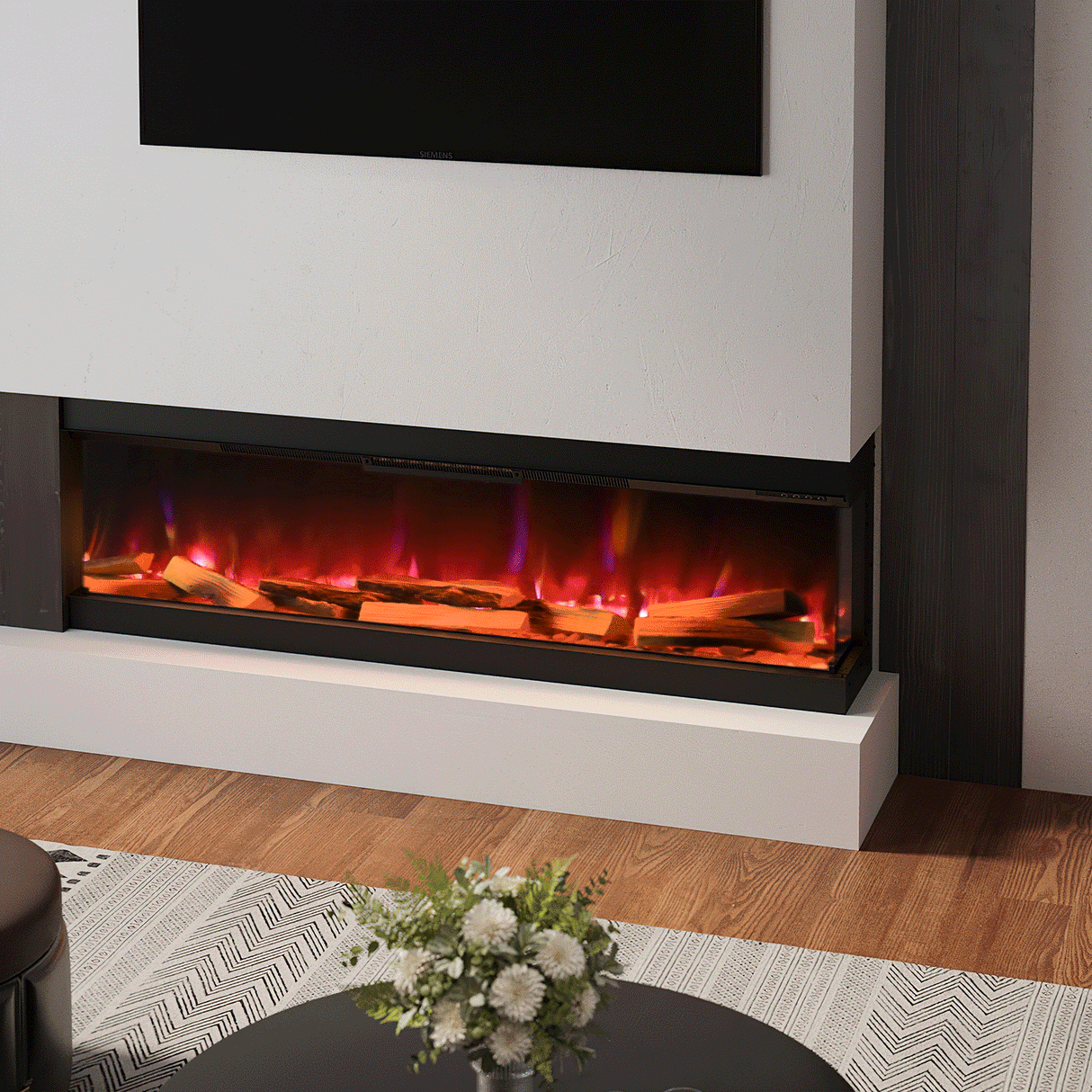 3-sided electric fireplace with vibrant red flames, set within a modern media wall featuring a marble finish, ideal for cozy living spaces.