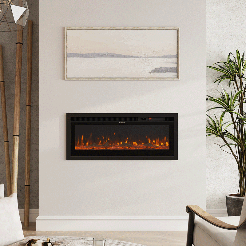 Inserted electric fireplace with realistic orange flames, seamlessly integrated into a modern living room wall with neutral décor and natural accents.
