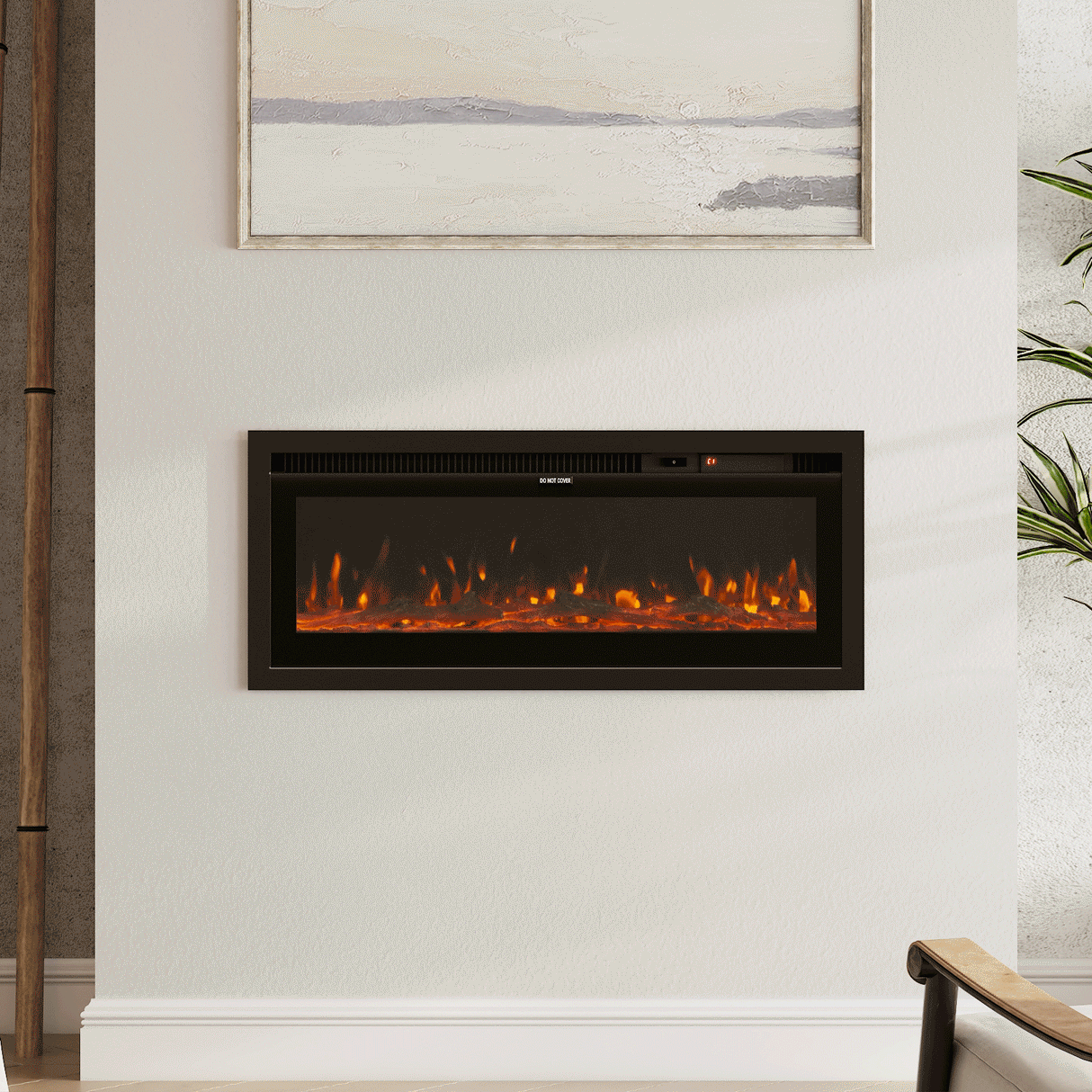 Inserted electric fireplace with realistic orange flames, seamlessly integrated into a modern living room wall with neutral décor and natural accents.