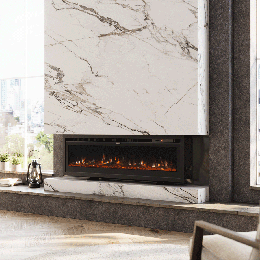 Wall-mounted electric fireplace with realistic orange flames, framed by a luxurious marble surround, set in a modern living room with large windows and natural light.