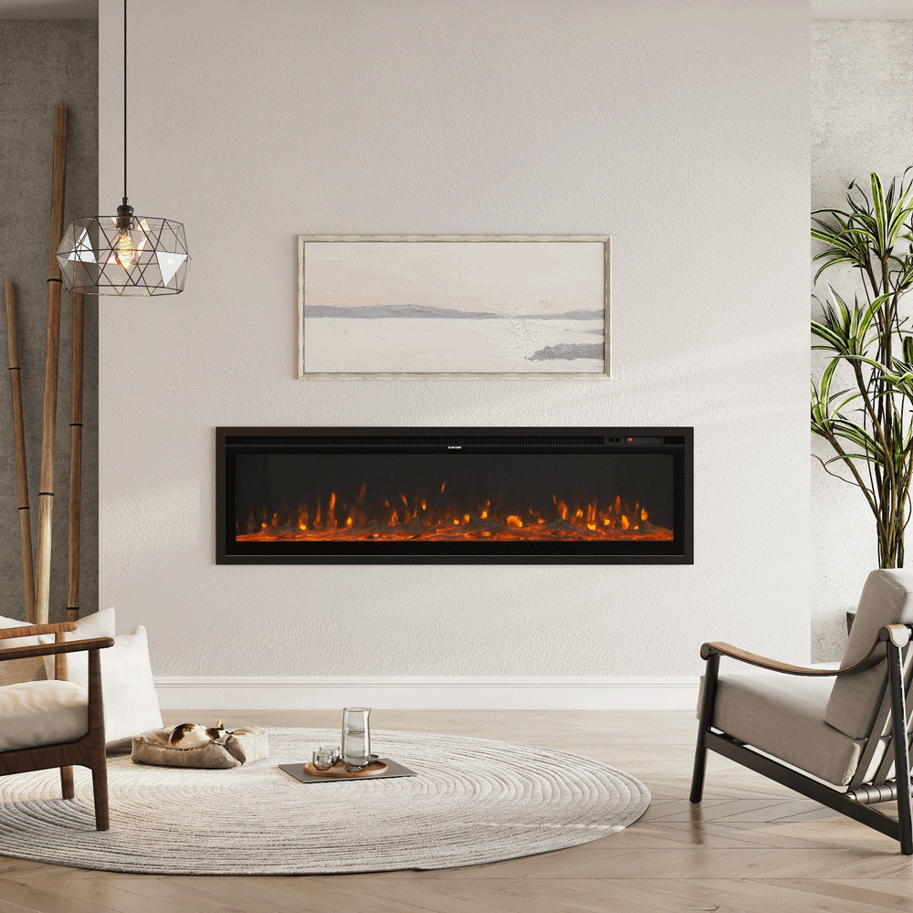 Inserted electric fireplace with realistic orange flames, seamlessly integrated into a modern living room wall with neutral décor and natural accents.