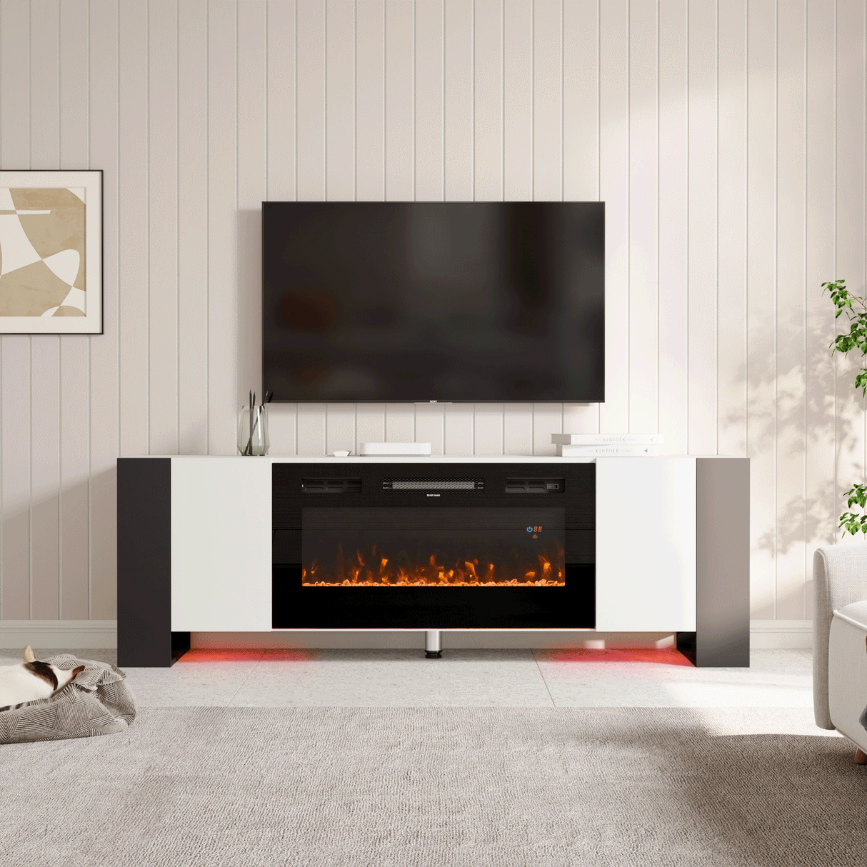 70inch W Wooden TV stand with Electric Fireplace and Storage