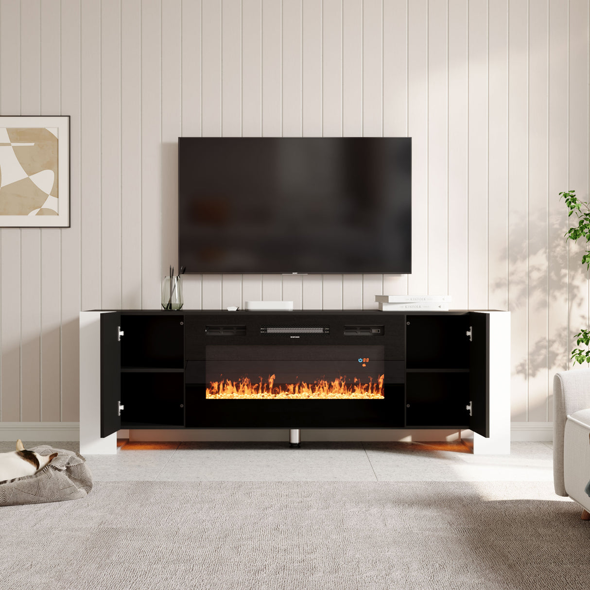 70inch W Wooden TV stand with Electric Fireplace and Storage