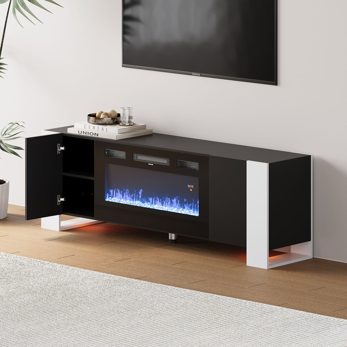 70inch W Wooden TV stand with Electric Fireplace and Storage