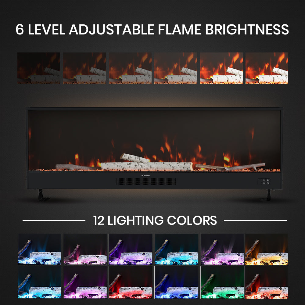 Electric fireplace flame display showing six brightness levels and 12 LED colours