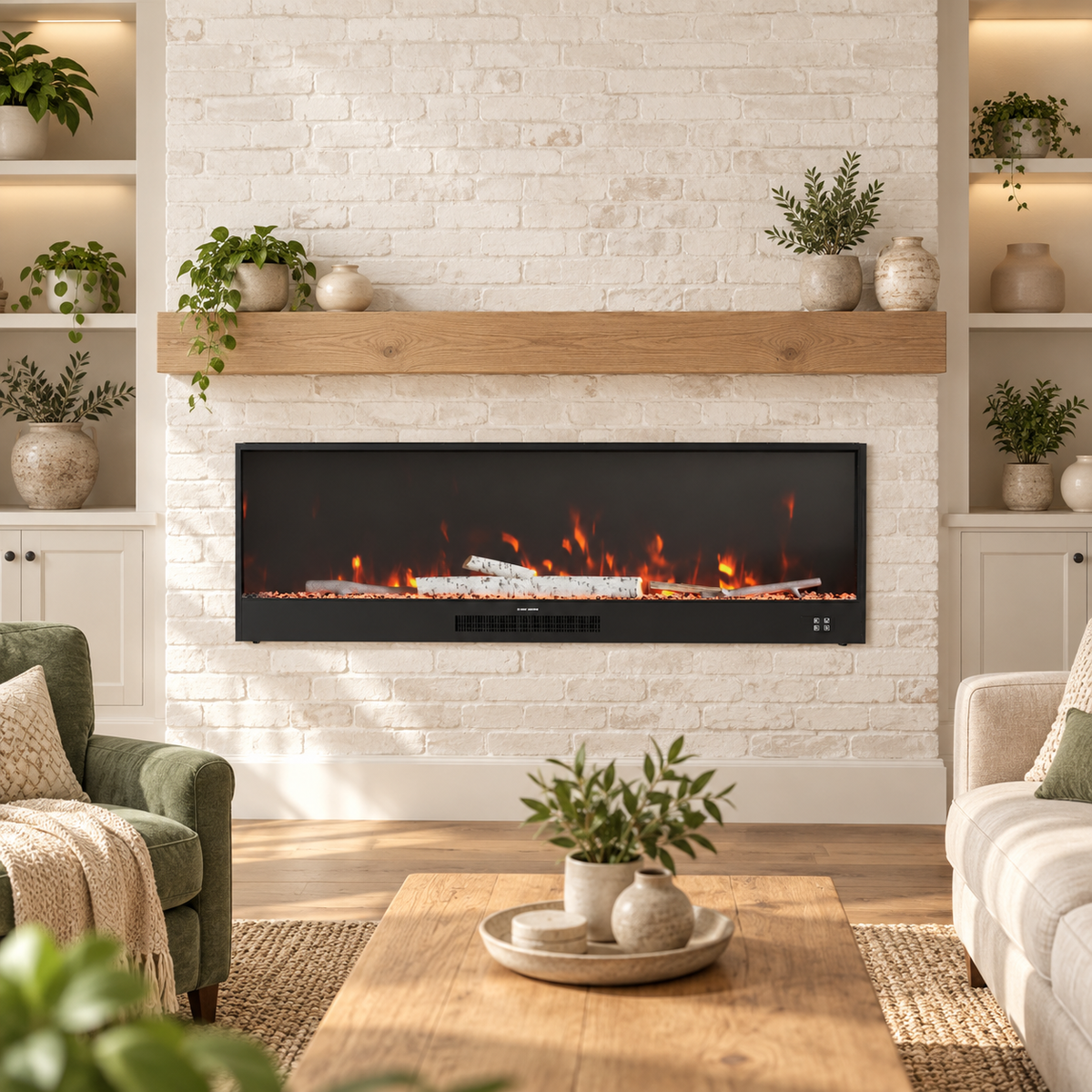 Black inset electric fireplace with orange flames in a white brick surround