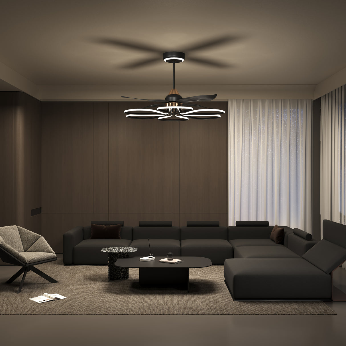 Contemporary Aluminum Black Ceiling Fan with Light for Living Rooms