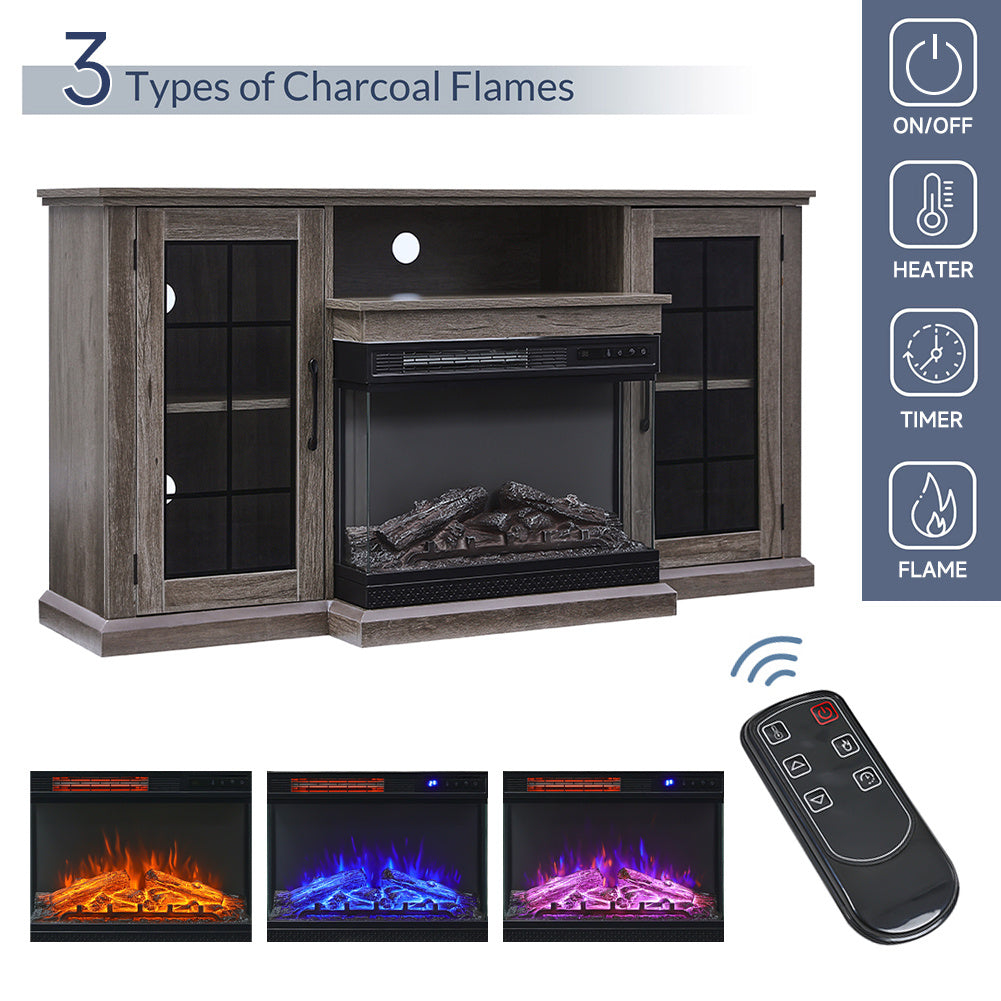Panoramic Glass Fireplace TV Stand with Storage Cabinets, Customizable Flames & Remote Control
