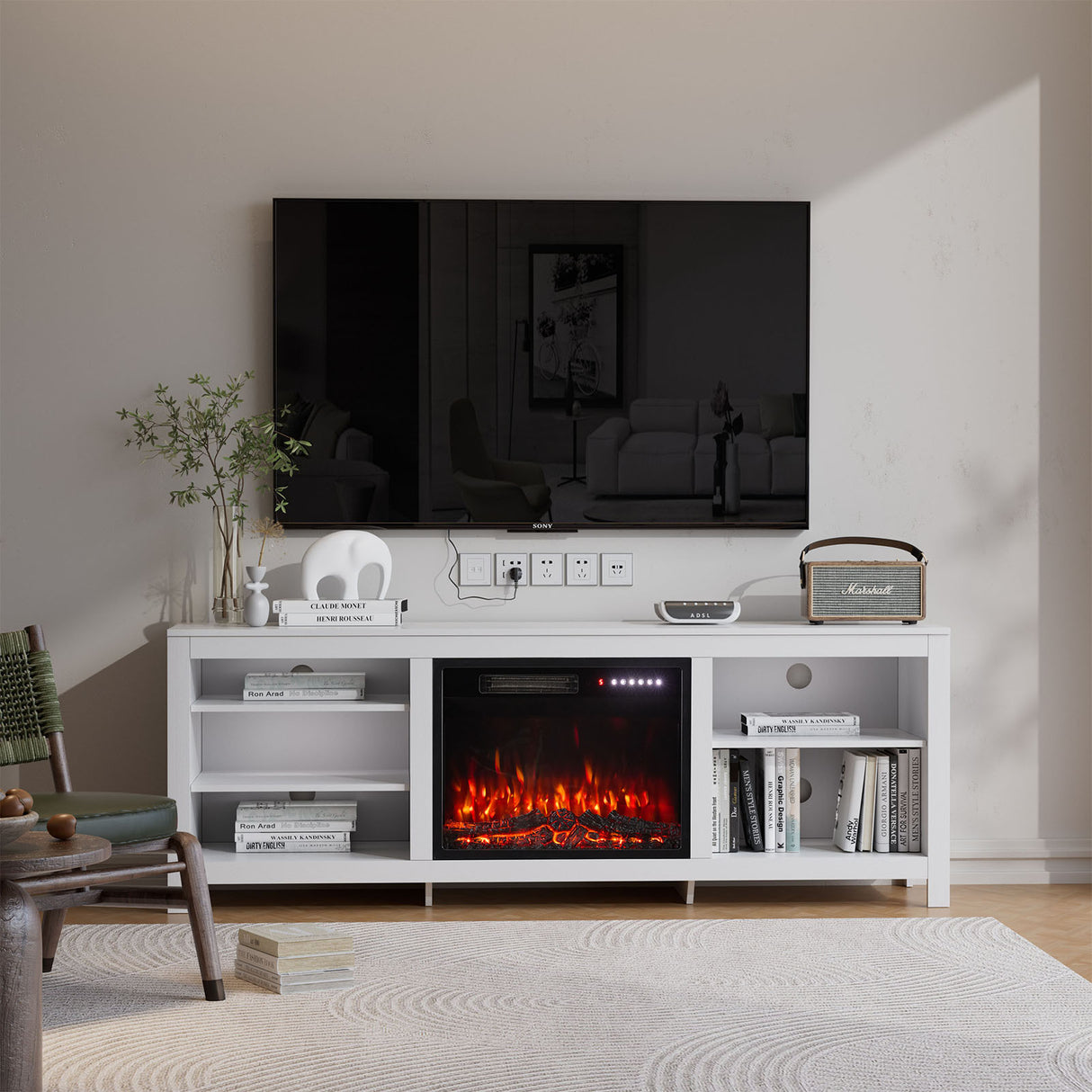 Large Electric Fireplace TV Stand with 23Inch Fireplace | 12 Flame Colours, Remote Control