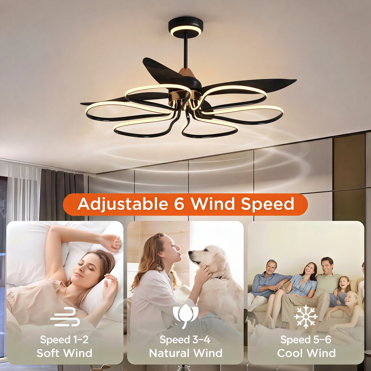 36-inch Black Modern Petal LED Ceiling Fan with Light - 6-Speed with Remote Control