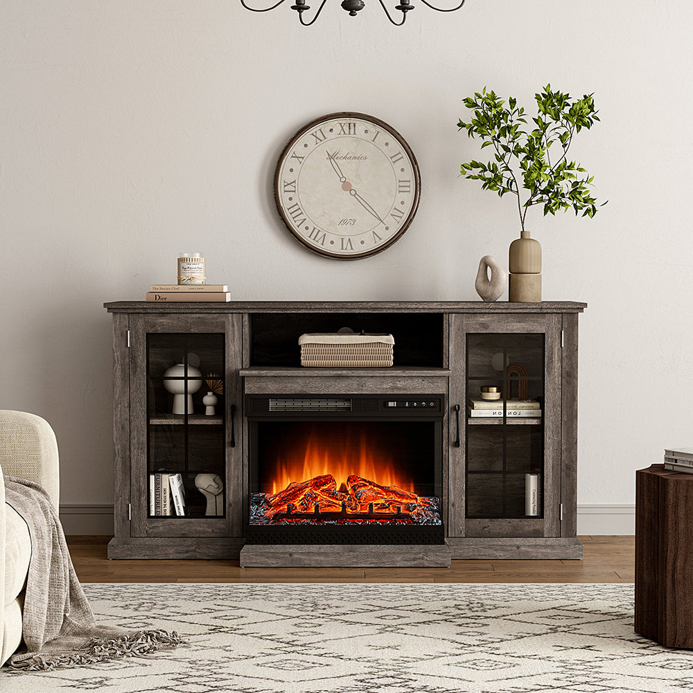 Panoramic Glass Fireplace TV Stand with Storage Cabinets, Customizable Flames & Remote Control