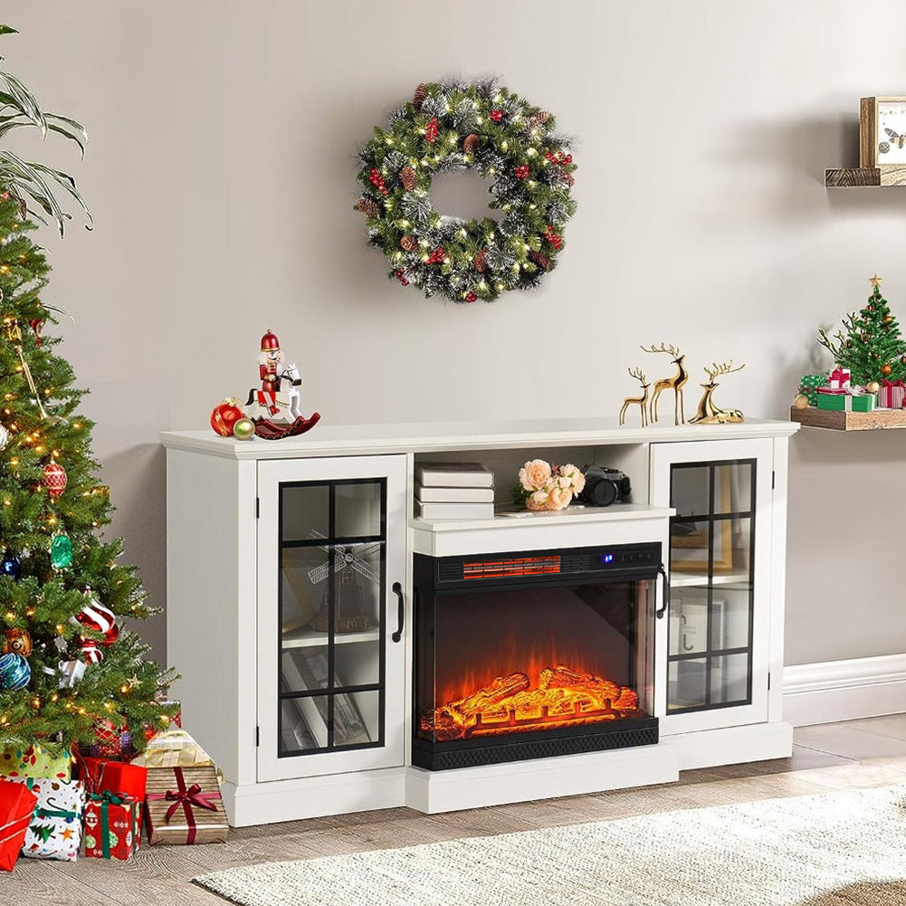 Panoramic Glass Fireplace TV Stand with Storage Cabinets, Customizable Flames & Remote Control