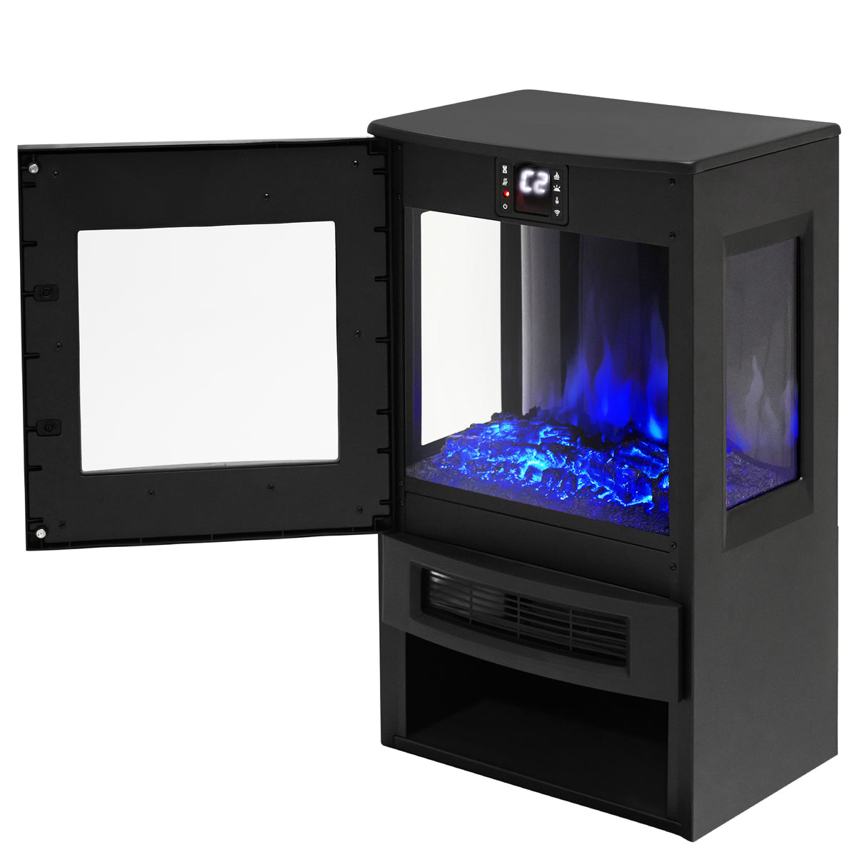 3-Sided Freestanding Electric Fireplace with Remote Control – Black, 900/1800W, Adjustable LED Flame & Temperature