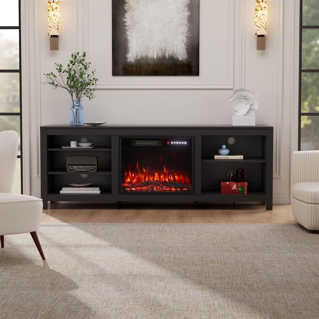 Large Electric Fireplace TV Stand with 23Inch Fireplace | 12 Flame Colours, Remote Control