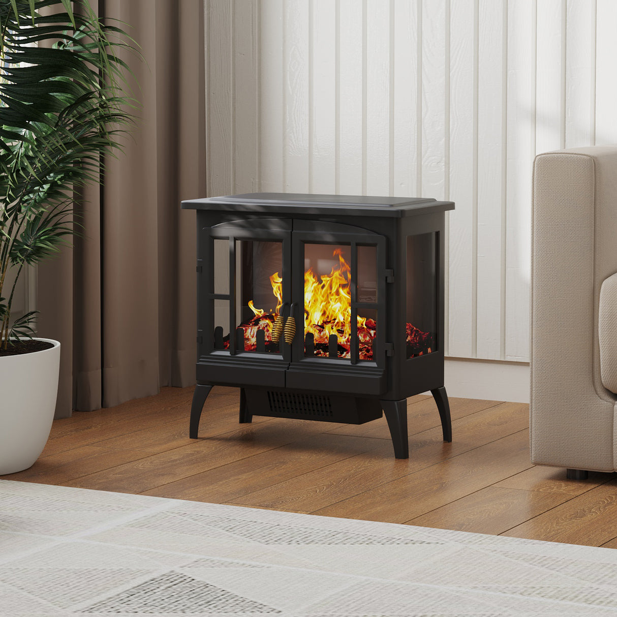Black Freestanding Electric Fireplace Heater with Adjustable Flame Brightness