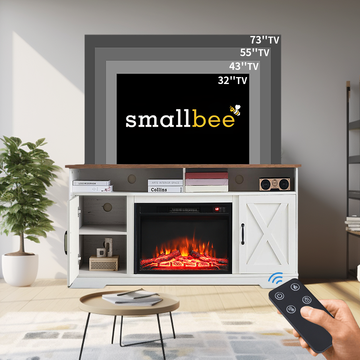 Large Wooden TV Stand with Recessed Electric Fireplace