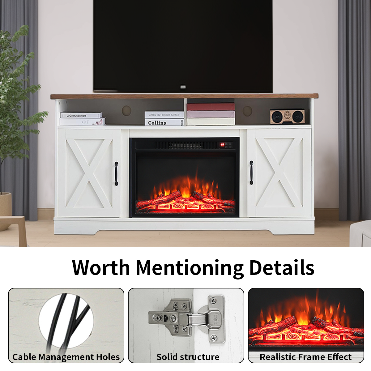 Large Wooden TV Stand with Recessed Electric Fireplace