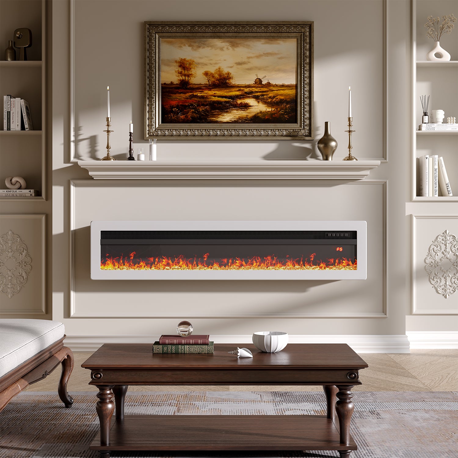 Wall Mounted Electric Fireplace with Multi-Colour Flames & Crystal Stone Display