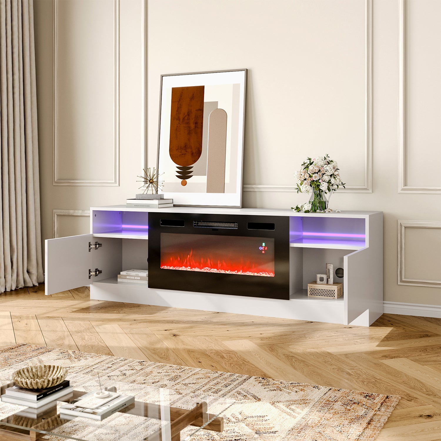 Tv unit store with electric fireplace