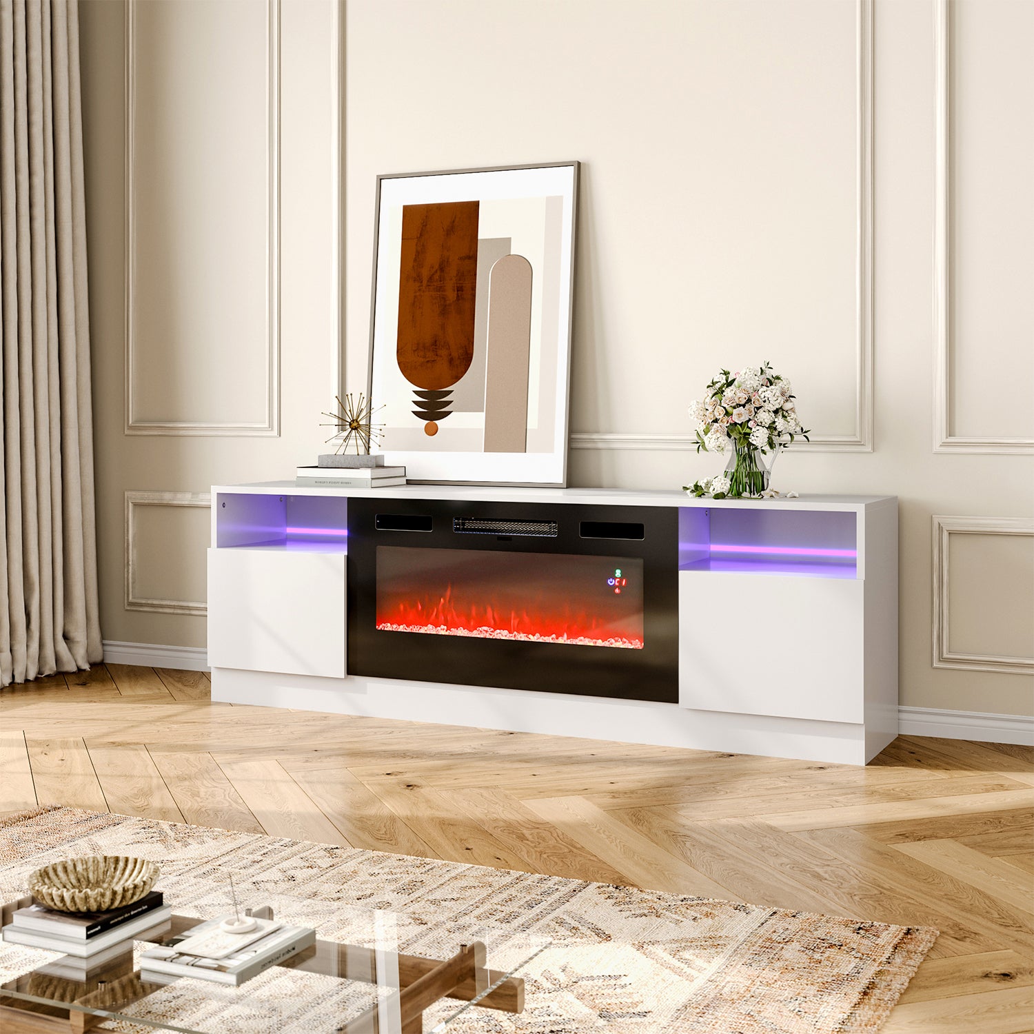 Long fireplace outlet tv stand