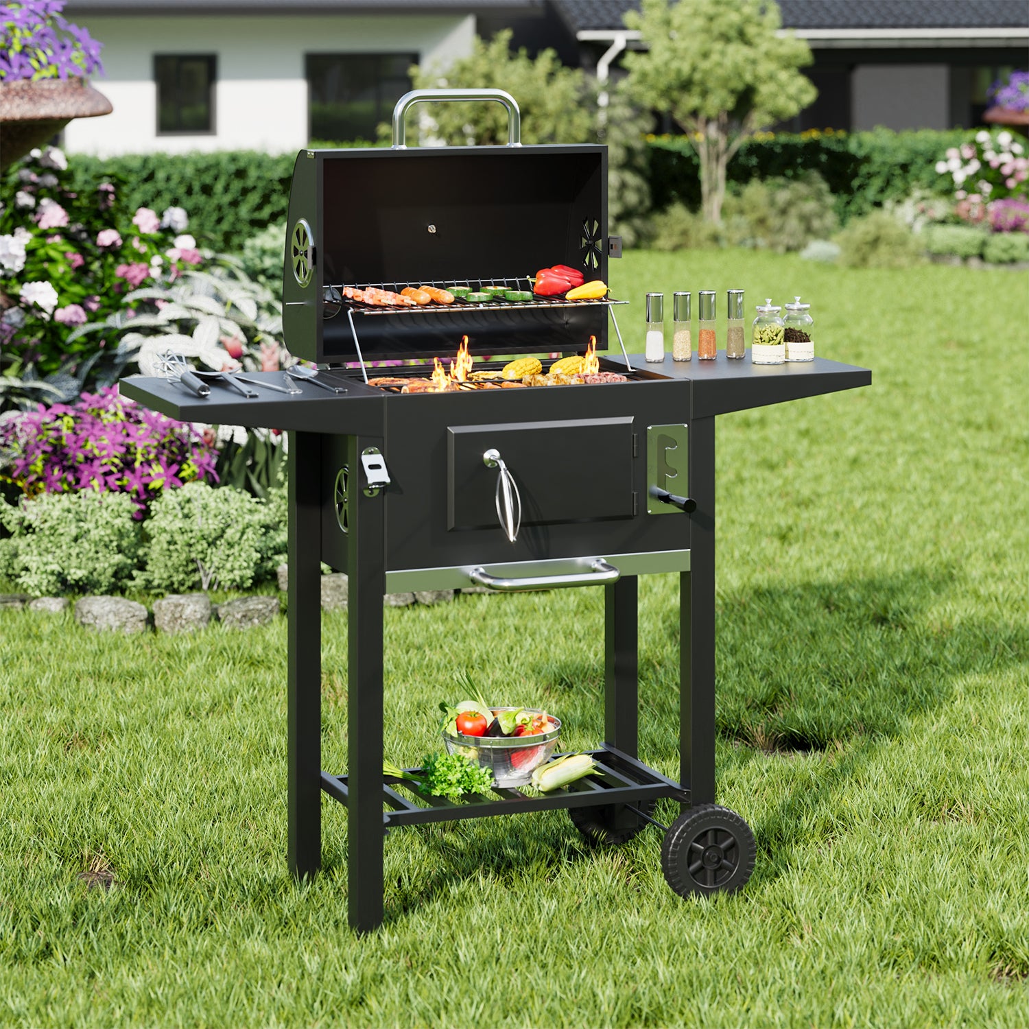 Premium Outdoor Charcoal BBQ Grill with Side Tables Smallbee UK