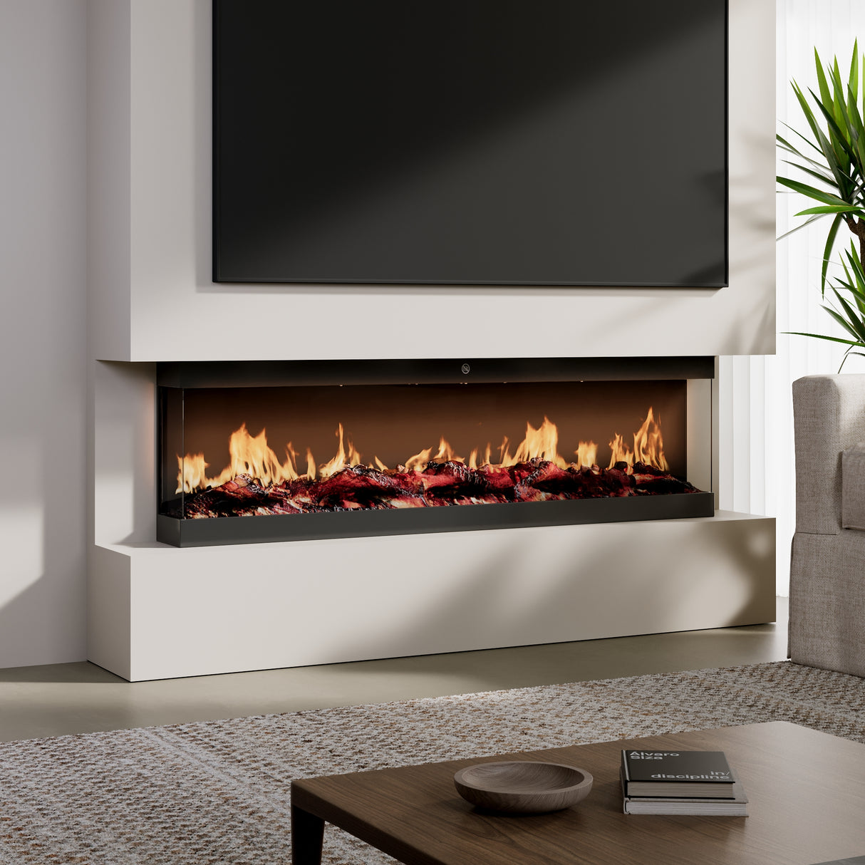 42/50/60/72inch 3-Sided Black/White Electric Fireplace with Remote Control, WiFi Function, Adjustable LED Flames and Heating Modes