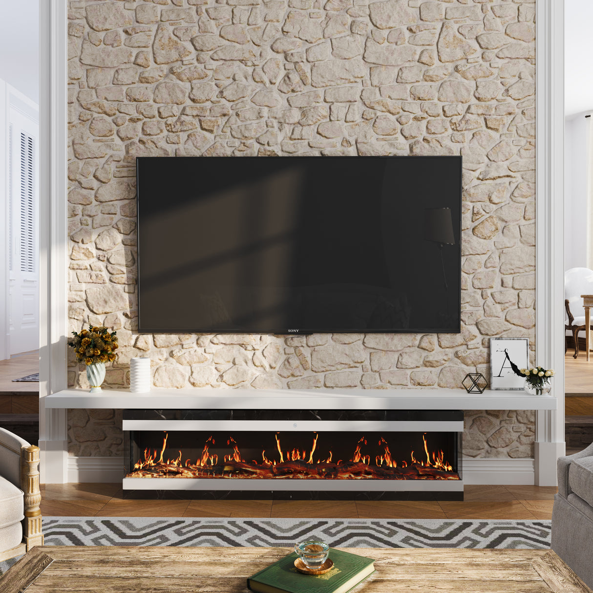 42/48/56/72inch 3-Sided Black/White Electric Fireplace with Remote Control, WiFi Function, Adjustable LED Flames and Heating Modes