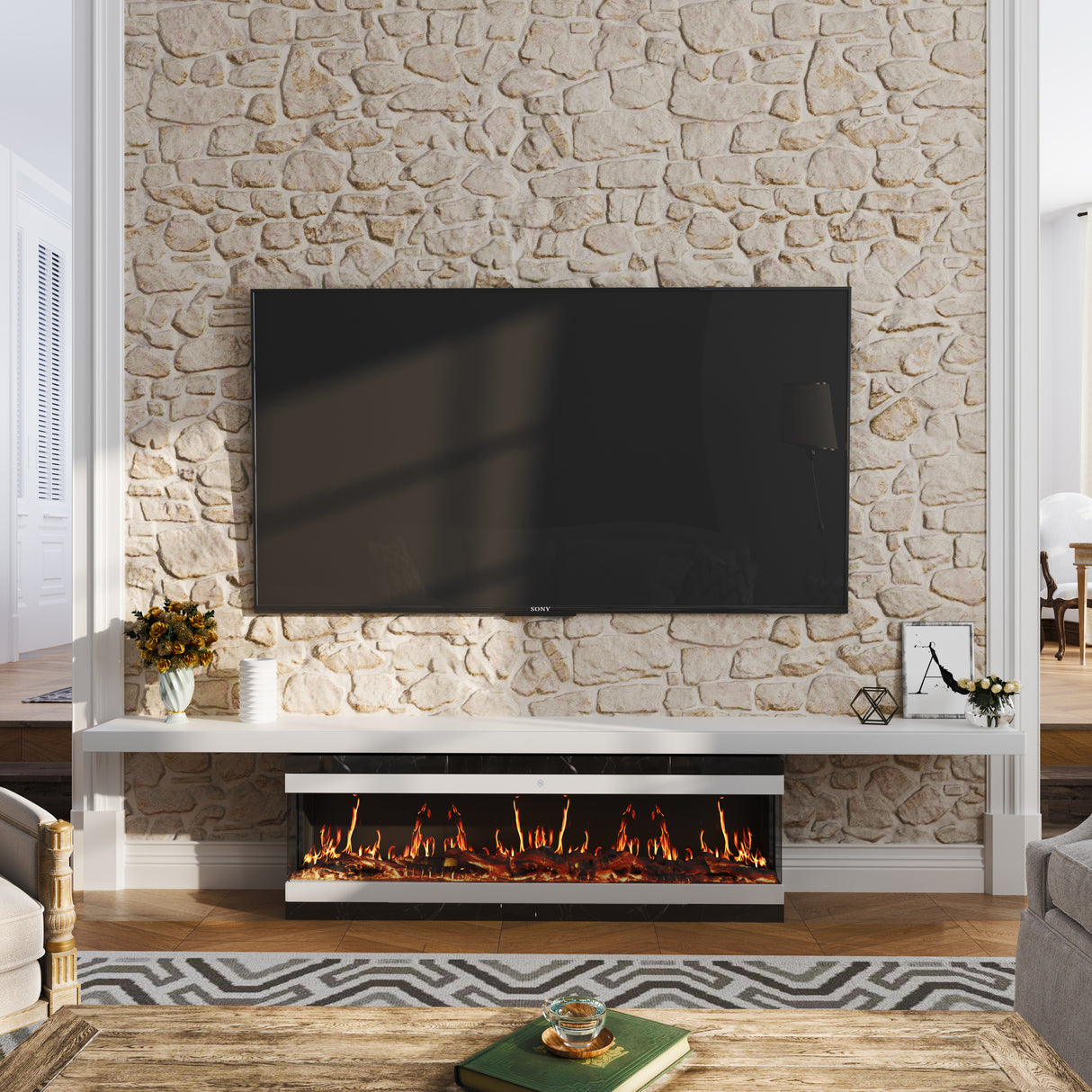 42/48/56/72inch 3-Sided Black/White Electric Fireplace with Remote Control, WiFi Function, Adjustable LED Flames and Heating Modes