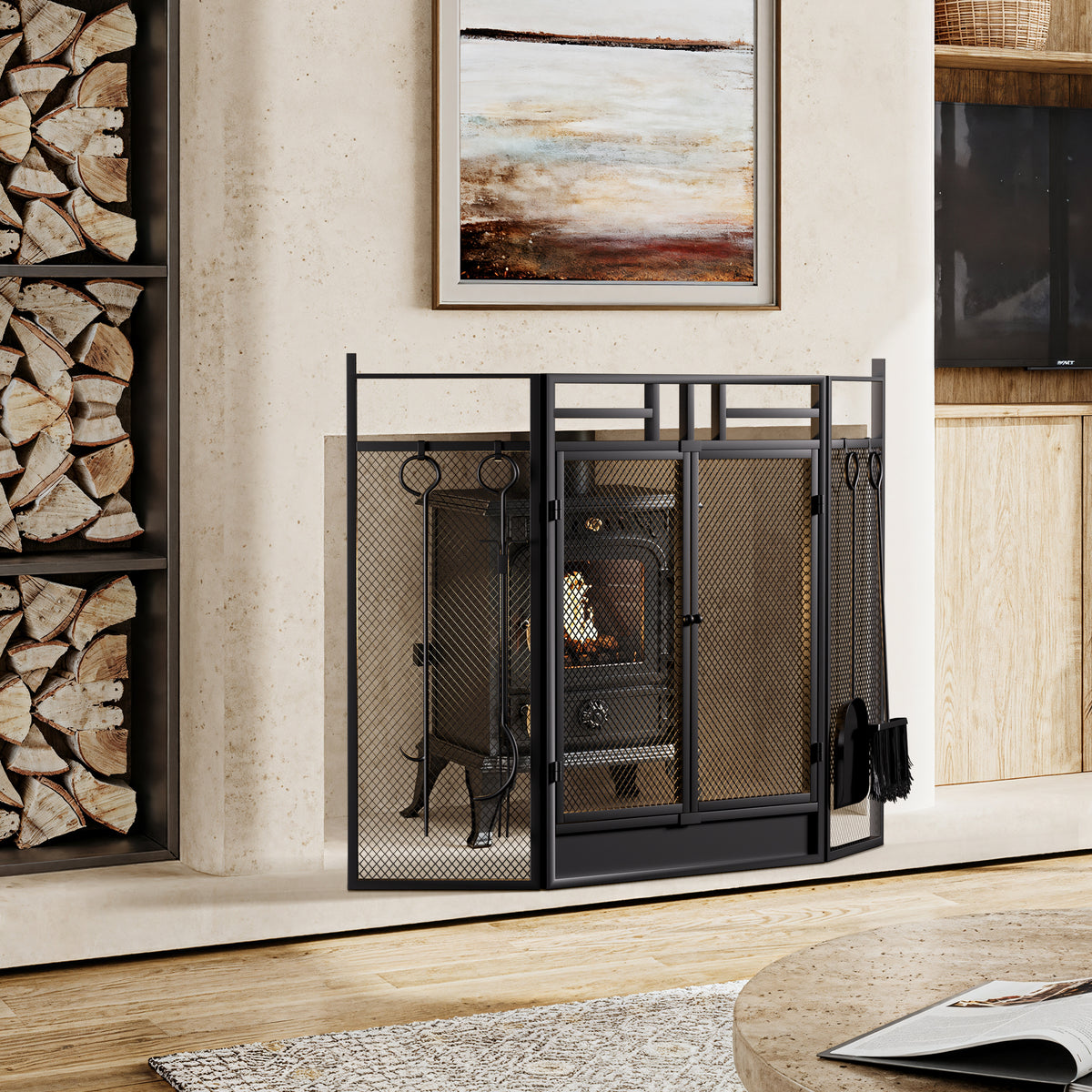 Iron Fireplace Screen 4 Piece Tool Set Powder Coated 122x1.3x80cm
