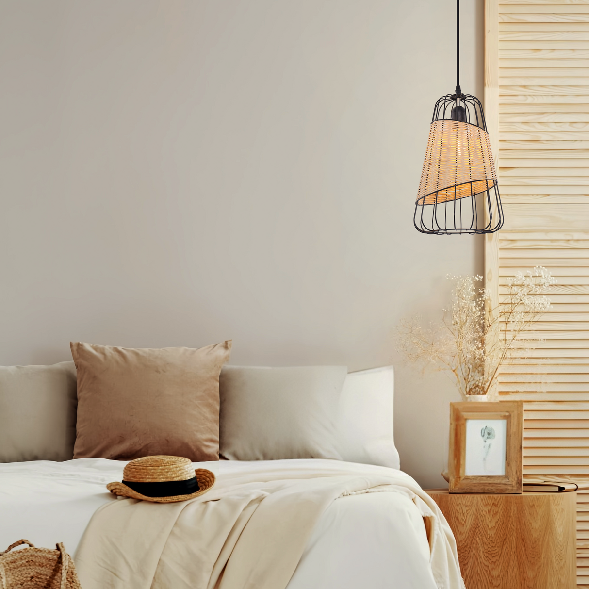 Rustic Iron Woven Rattan Pendant Light for Dining Room, Reading Corner & Bedroom