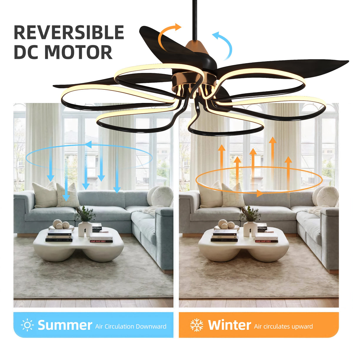 36-inch Black Modern Petal LED Ceiling Fan with Light - 6-Speed with Remote Control