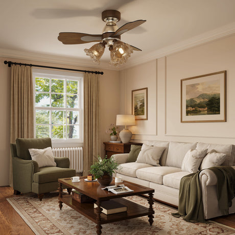 36 inch reversible ceiling fan with LED light shown from below with LED light on