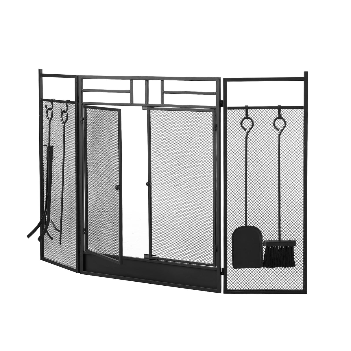 Black Powder-Coated Iron Fireplace Screen with 4-Piece Tool Set – 122x1.3x80cm