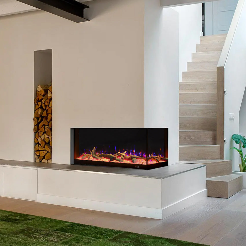 117cm/150cm L-Shaped Electric Fireplace – WiFi Control, LED Display, Resin Logs & Crystal Stones with Heating