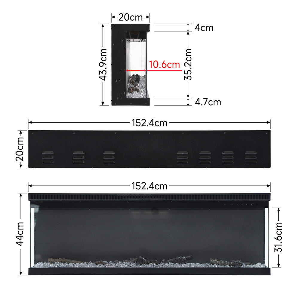 Contemporary 3-Sided LED Electric Fireplace Insert with Crystal Stones