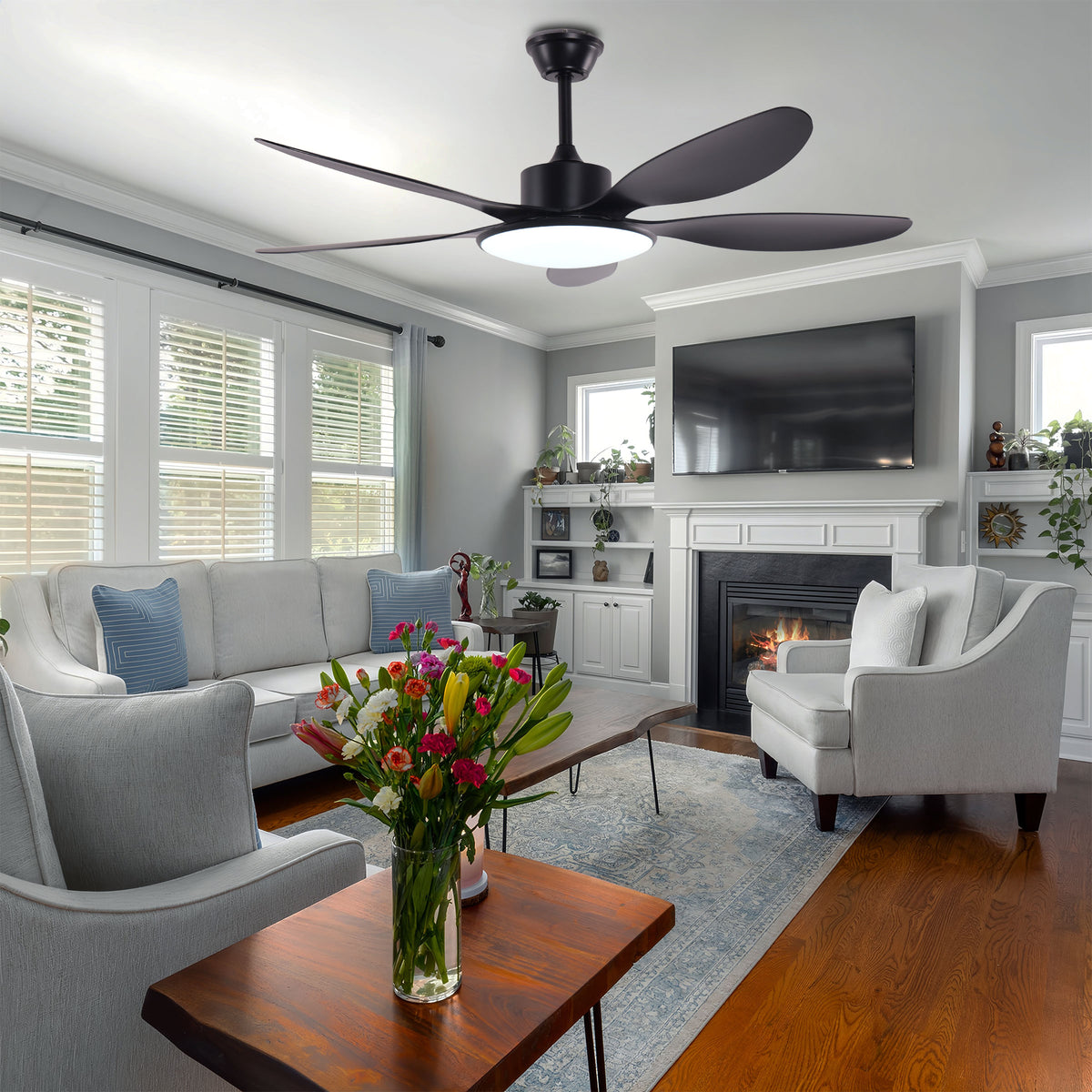 Low Noise 5 Blade Fan Light Adjustable Speeds Timer Feature